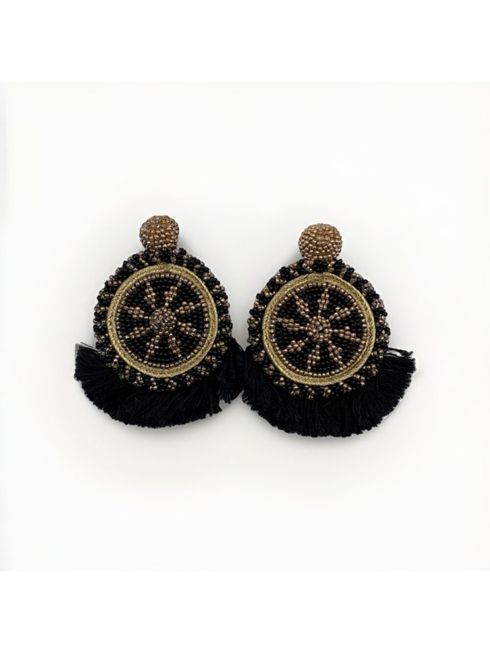 Olivia Dar Anthropologie Black Beaded Tassel Fringe Statement Earrings Ethnic